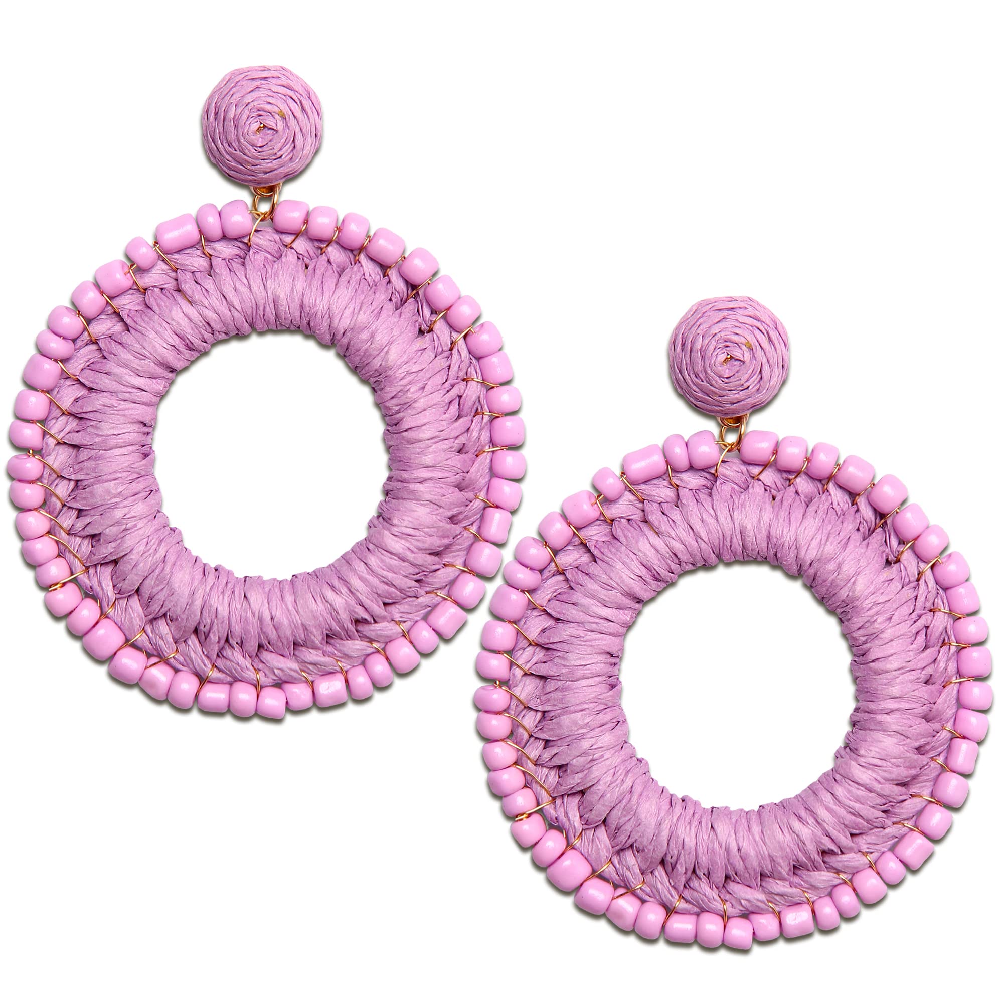 KRORZTOT Raffia Beaded Hoop Earrings Statement Summer Beach Earrings Fun Round Rattan Earrings Handmade Boho Straw Dangle Drop Earrings Jewelry Gifts for Women Girls