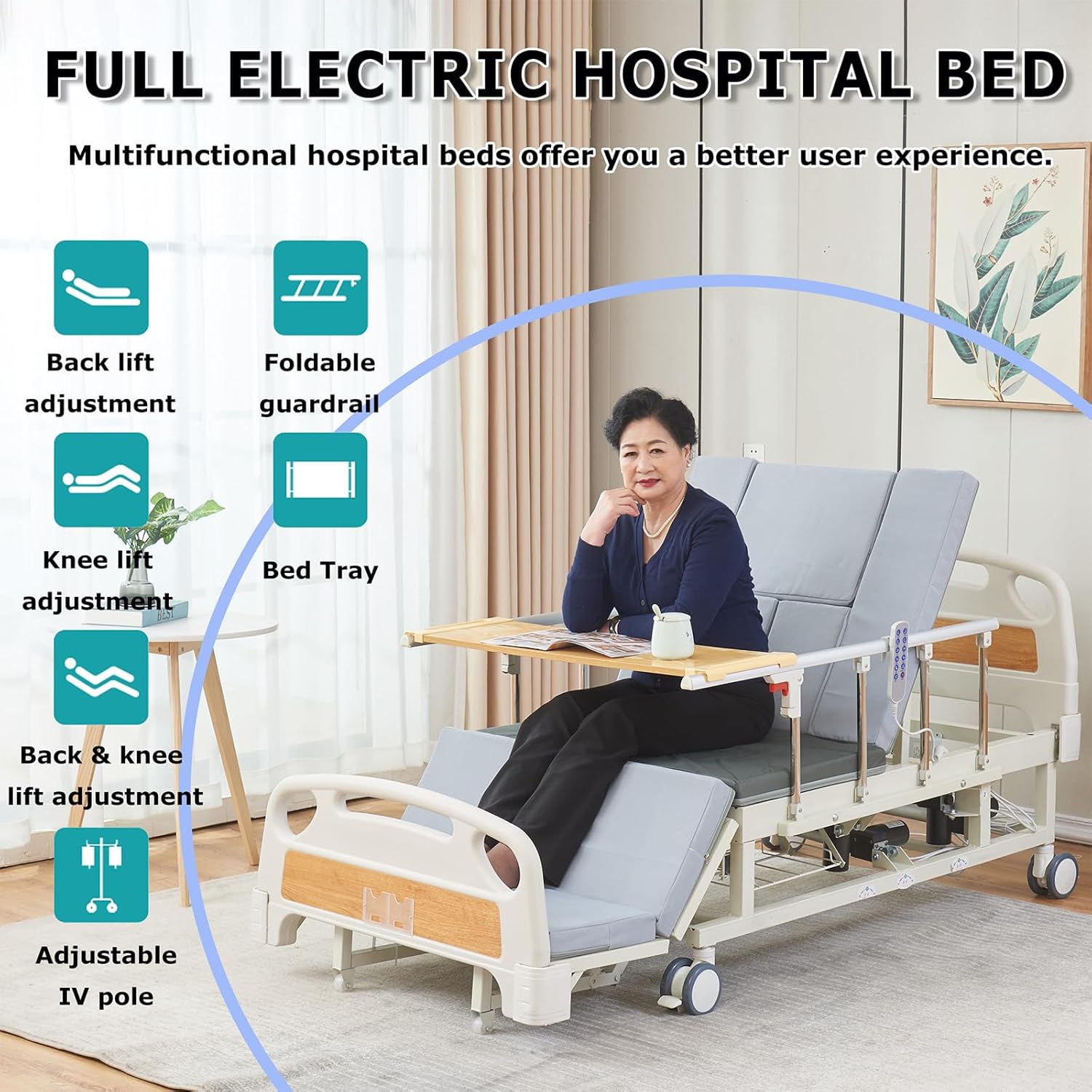 Premium 10-Function Electric Hospital Bed for Home Use, ICU Medical Bed with Lateral Tilting, One-Button CPR Flat, 5" Locking Casters, Foam Mattress, IV Pole, Dining Table, 550 lbs Capacity, 83" x 38"