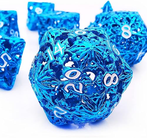 Miniatura 2 de HAOMEJA Juego de 7 dados de flores de metal hueco DND Juego de dados para juegos de rol D&D Calabozos y Dragones Flor Azul