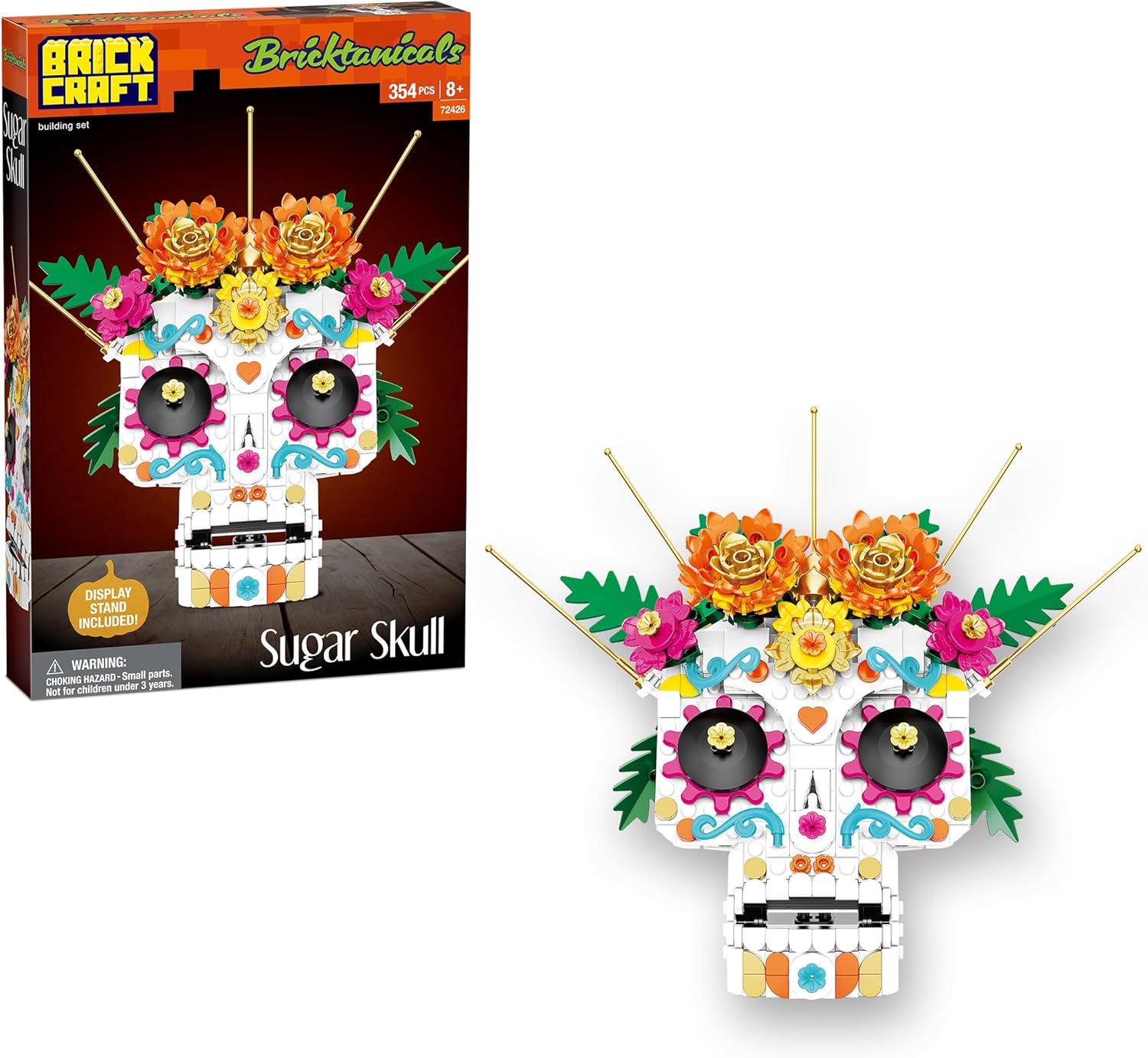 Brickcraft Sugar Skull Building Kit, 354 Pieces | Day of The Dead & Día de Los Muertos Decoration | DIY Floral Skull with Display Stand | Colorful Halloween & Fall Home Décor Gift, Ages 8+