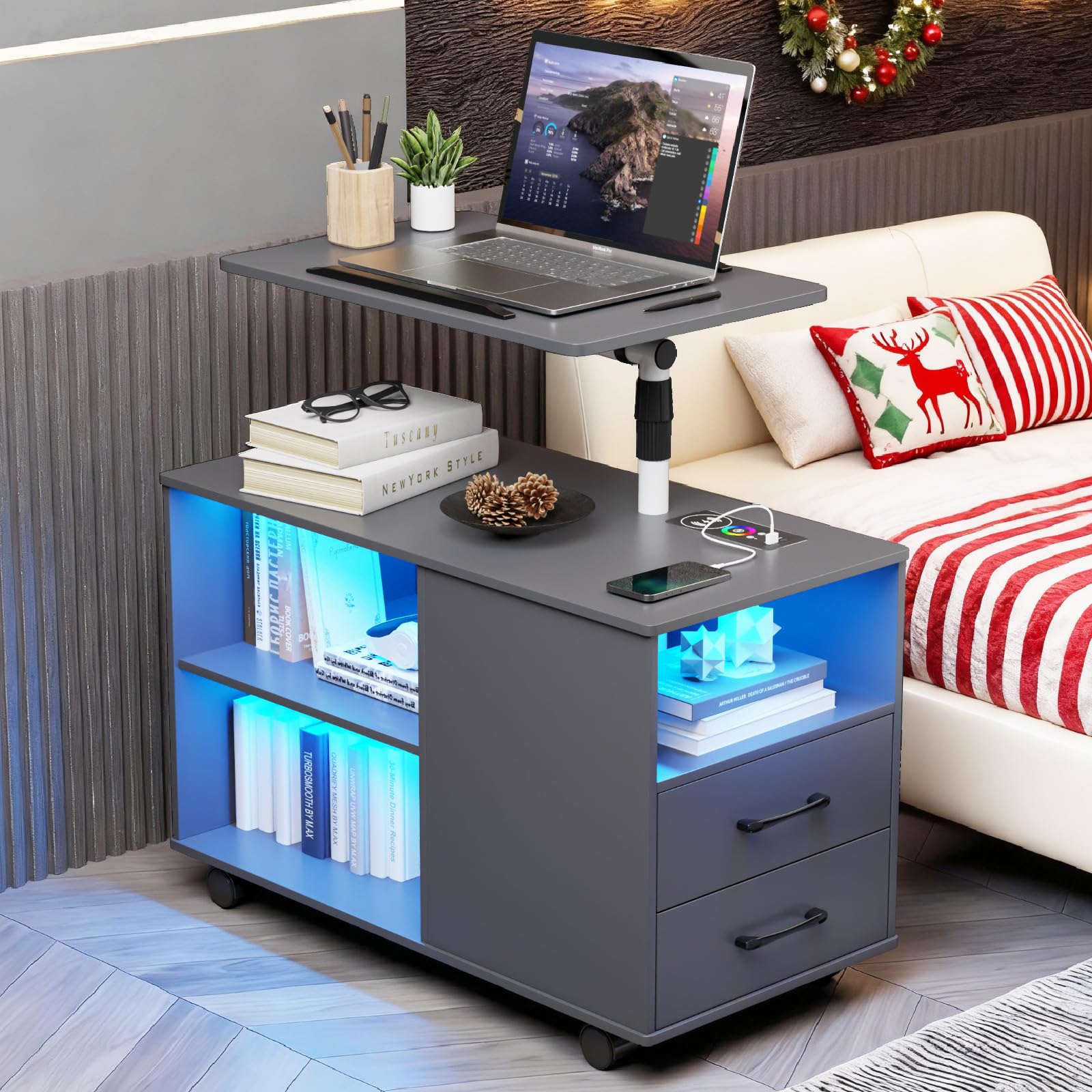 MDGC Nightstand with Wireless Charging Station and Auto Senor,RGB Bedside Table with 360°Adjustable Rotary Table,Night Stand with Open Shelves,Drawers