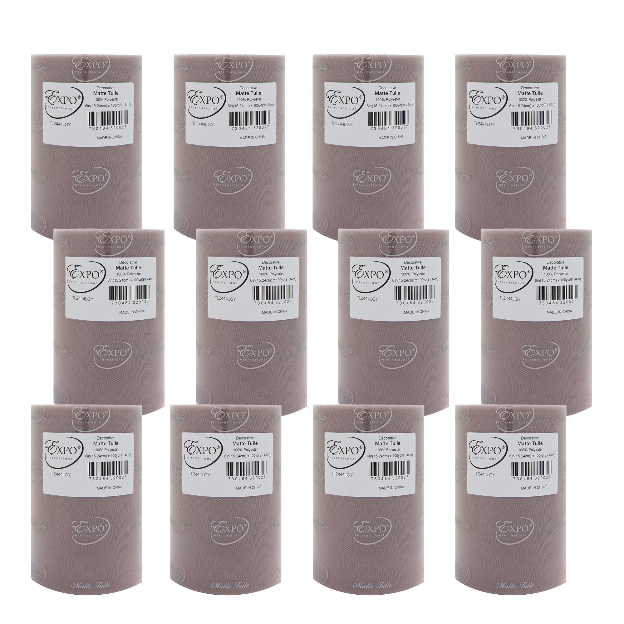 Expo International Decorative Matte Tulle, Roll/Spool of 6” X 100 Yards, Lightweight Polyester Tulle Fabric for Tutus, Costumes, and Party Decorations, Washable, Easy-to-Use, Pack of 12, Light Gray