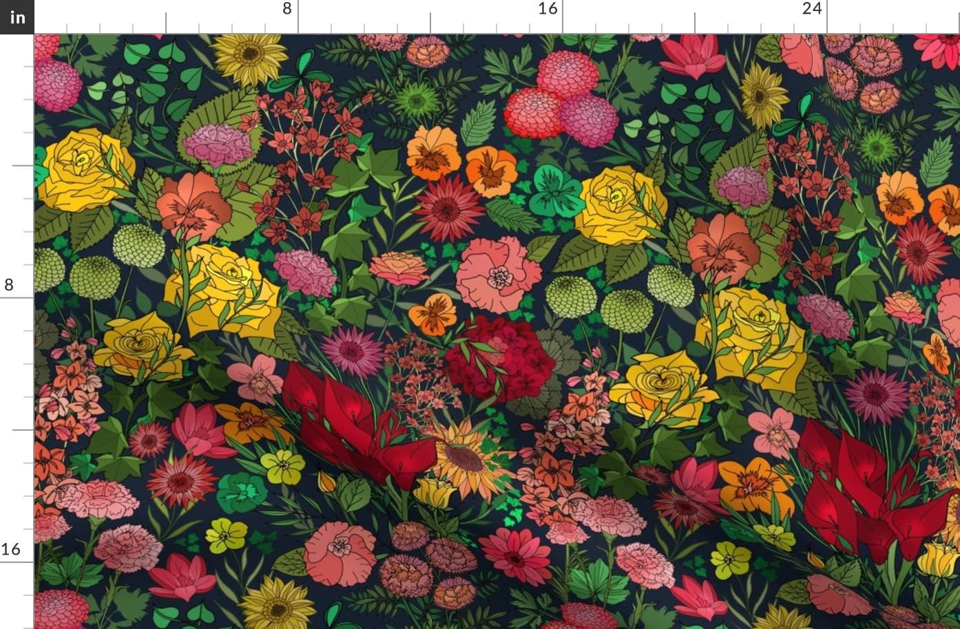 Spoonflower Fabric - Chintz Garden Florals Botanical Plants Flora Dark Rainbow Multicolored Printed on Organic Cotton Sateen Fabric by The Yard - Sewing Quilting Apparel Home Decor