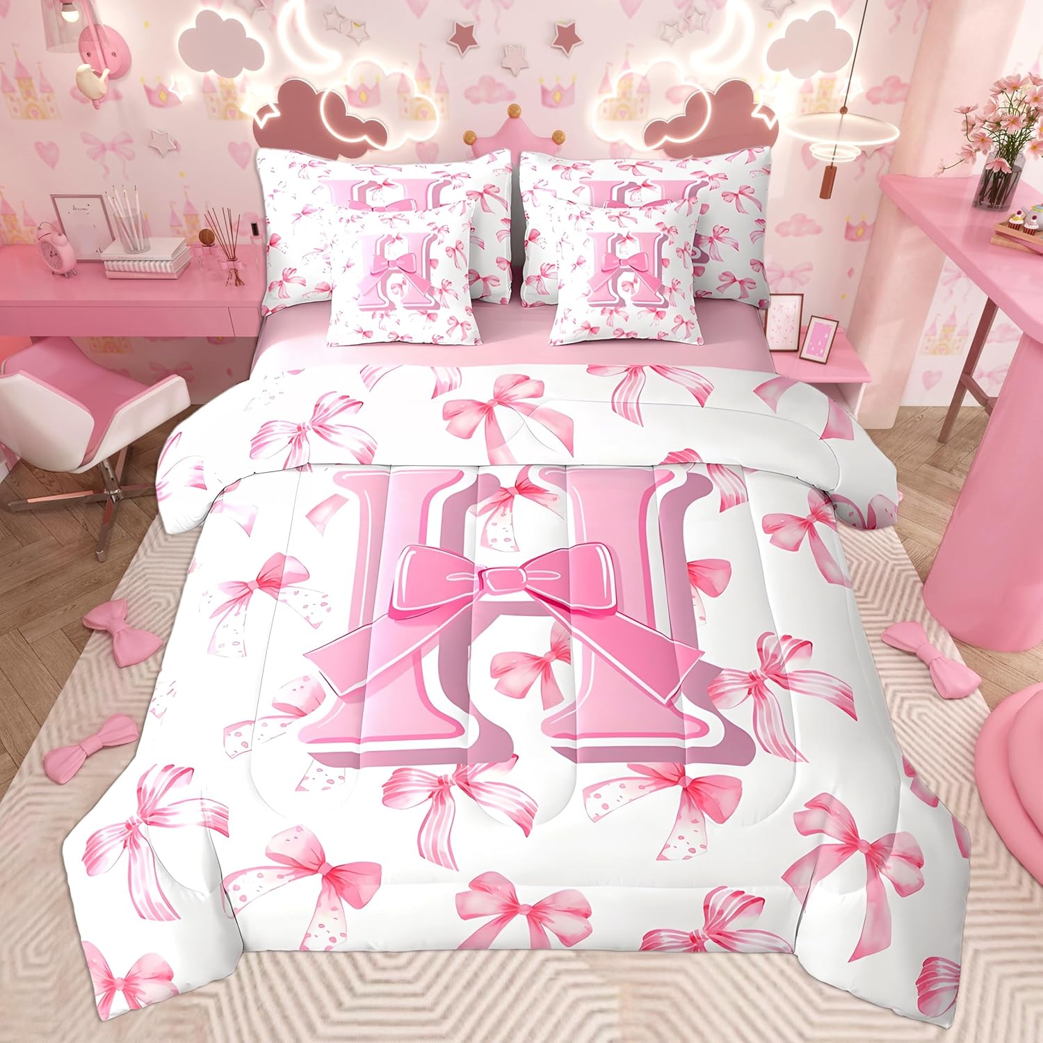 jejeloiu Kids Girls Cute Pink Bow Comforter Set with Sheets Full Size Monogrammed 7 Piece Bedding Set Personalized Initial K Bed in a Bag with Comforter,Sheets,Pillowcases Coquette Bow Modern Fashion