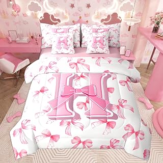 jejeloiu Kids Girls Cute Pink Bow Comforter Set with Sheets Twin 7 Piece | Monogrammed Bedding Personalized Initial H Bed in a Bag with Comforter Sheets Pillowcases Coquette Bow Modern Fashion
