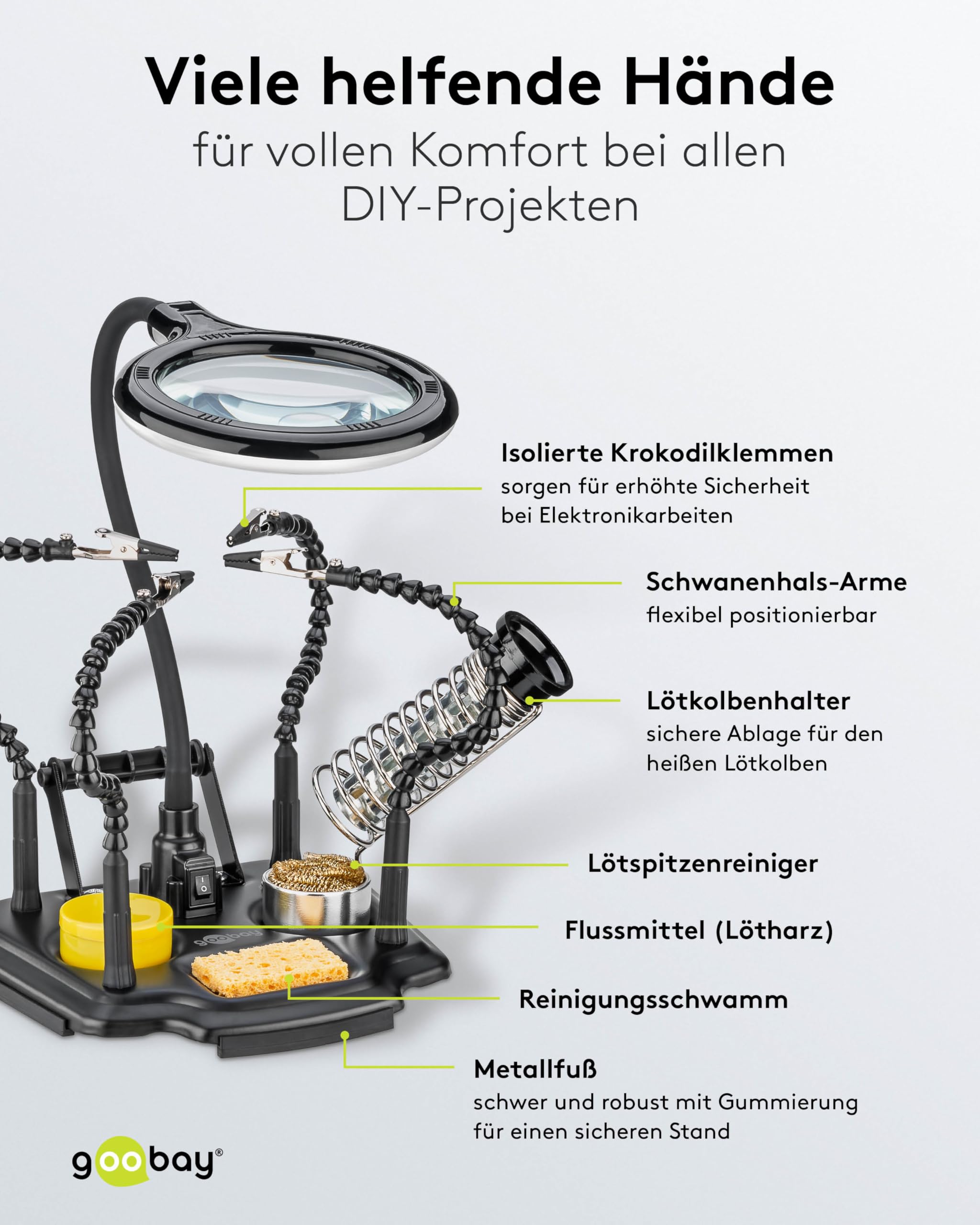 goobay 76558 pomoc do lutowania z 4 elastycznymi ramionami typu łabędzia szyja i zaciskami krokodylkowymi, lupa LED z USB-C, trzecia ręka, do lutowania i majsterkowania, uchwyt do lutownicy - z