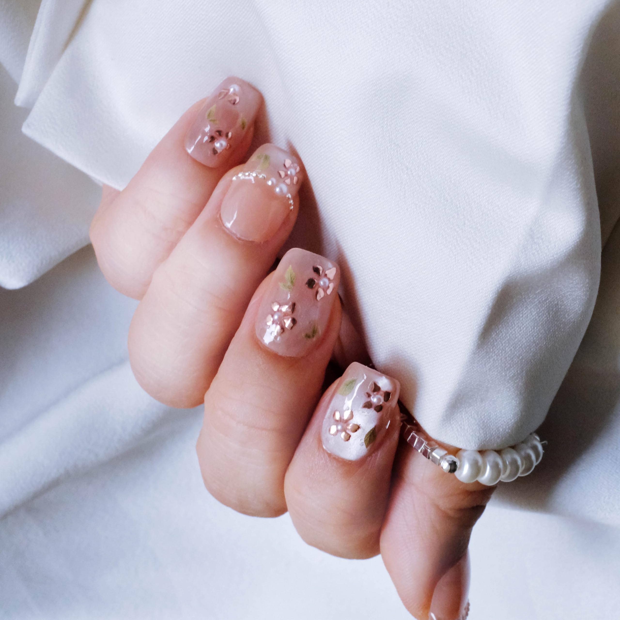 Photo 1 of [GLORS] Short Square Press On Nails, Nude Pink with Rose Gold Foil and Pearl Accents, 10 Pieces (XS,SS)