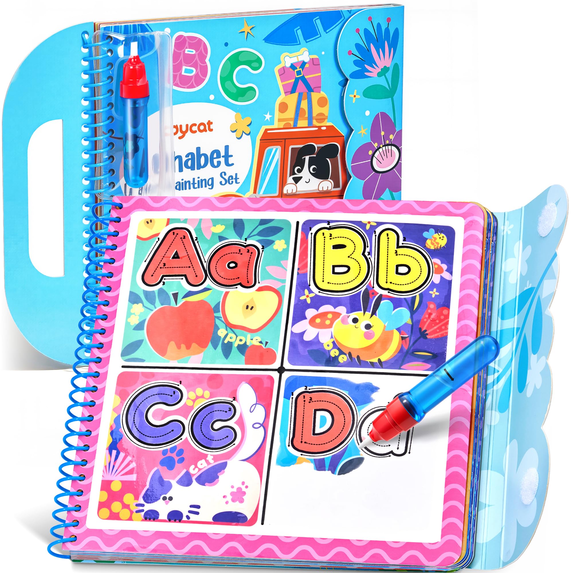 JoyCat Alphabet Water Colouring Book for Toddlers 3-5, Reusable 14 Activity Pages with Water Pen for Mess Free Colouring, Preschool Alphabet Learning Letter Tracing Toys, Birthday Gift Boys Girls