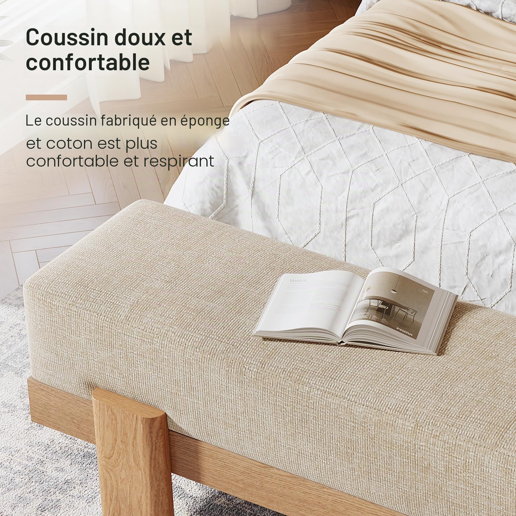 Tribesigns Banc Chaussures Entrée avec Tapissé, 140 x 35 x 45 cm, Moderne Banc à Chaussures avec Coussin épais Ultra-Moelleux et Structure en MDF, Bout de Lit pour Chambre à Coucher, Beige et Chêne