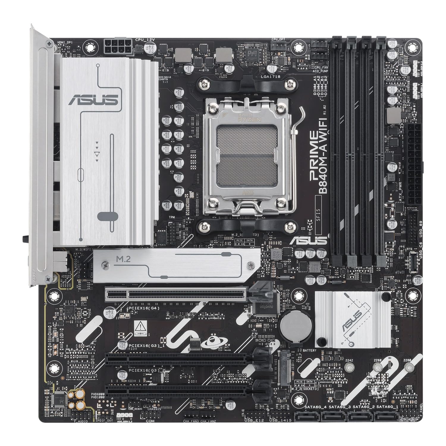 ASUS PRIME B840M-A WiFi, Scheda Madre AMD mATX, Slot DDR5, PCIe 4.0 Ready, 3 slot M.2, WiFi 6E, Ethernet Realtek 2,5 GB, DisplayPort, HDMI, USB-C da 5 Gbps Fronte e Retro, BIOS Flashback e Aura Sync