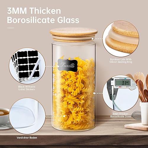 Miniatura 3 de Paquete de 4 tarros de vidrio con tapas de bambú, recipientes de almacenamiento de despensa de vidrio con tapas herméticas, recipientes redondos de