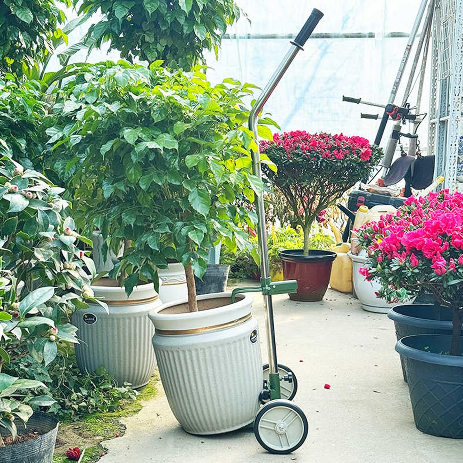 Chariot À Plantes avec Roues, Chariot Mobile for Pot De Fleurs en Alliage D'aluminium, Diable Portable avec Poignée Télescopique Et Deux Roues