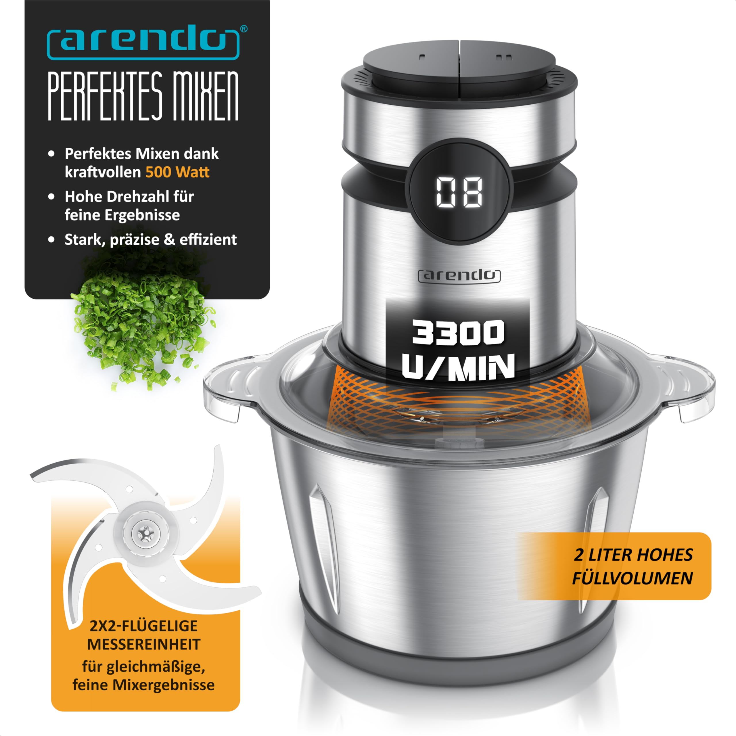 Arendo - Multi Zerkleinerer elektrisch Edelstahl – extra starker 500 W Motor – 2 L Fassungsvermögen – Universalzerkleinerer – mit Edelstahl-Mixbehälter – für Fleisch Nüsse Obst Gemüse u.v.m.
