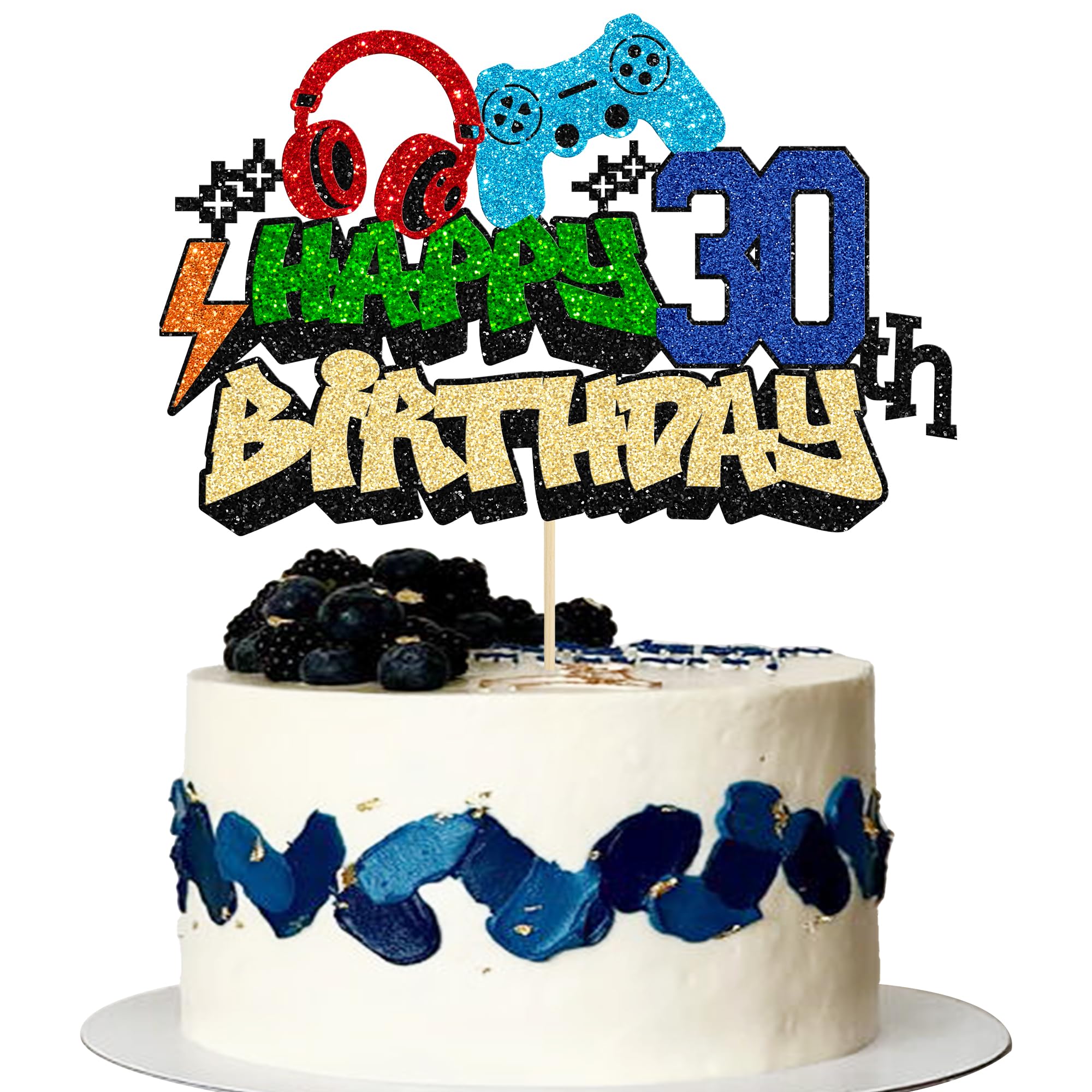 Gyufise 1Pcs Happy 30th Birthday Cake Topper Glitter Video Game Cake Pick Game On Controllers Eighteen Cheers to 18 Years Cake Decoration for Game Theme Happy 30th Birthday Party Supplies