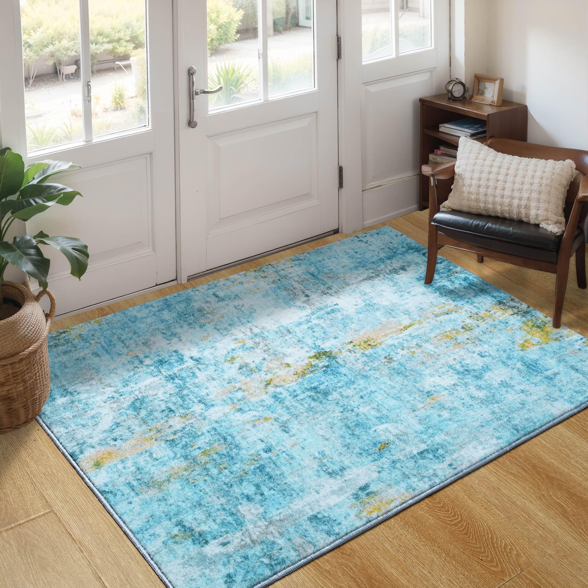 Amazon.com: Entryway Rug 3x5 Teal Blue Bedroom Area Rug Washable Non ...