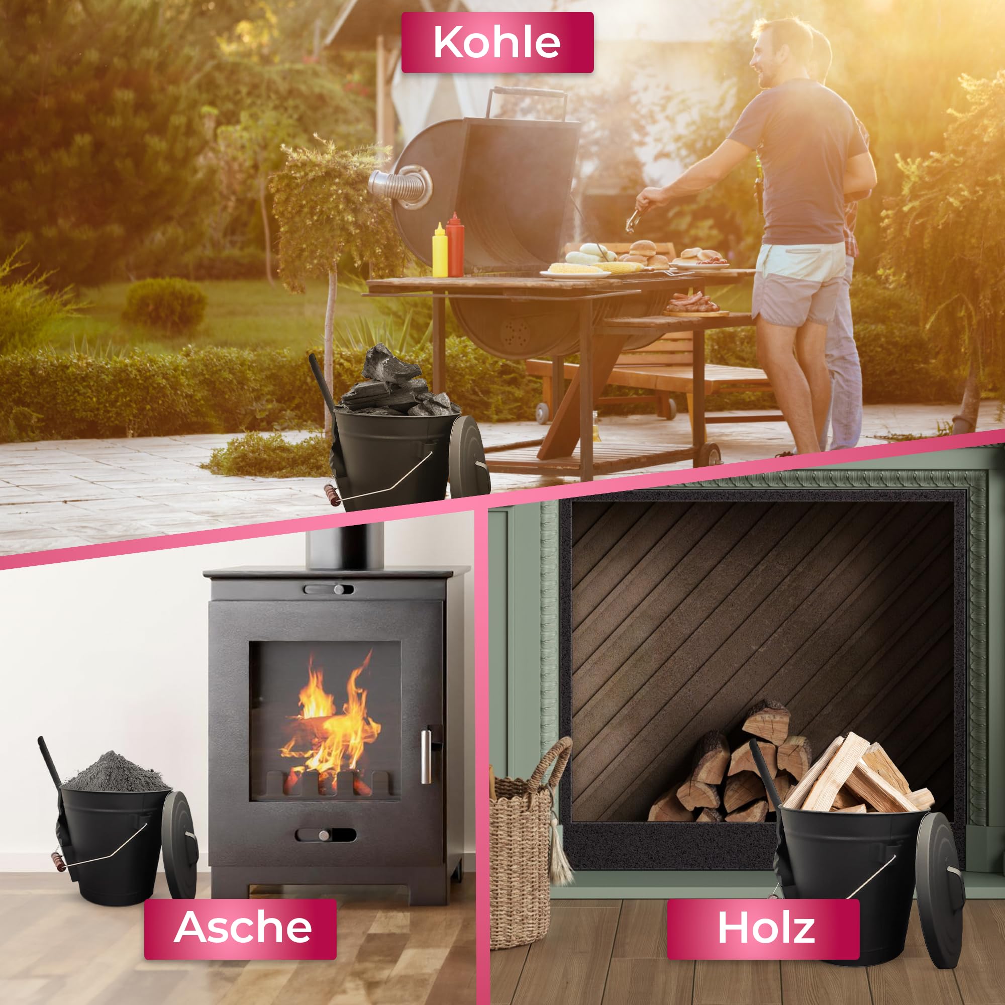 SULENO Ascheeimer Boston, 19L Kohleeimer, Inkl. Deckel, Schaufel &, Schwarz