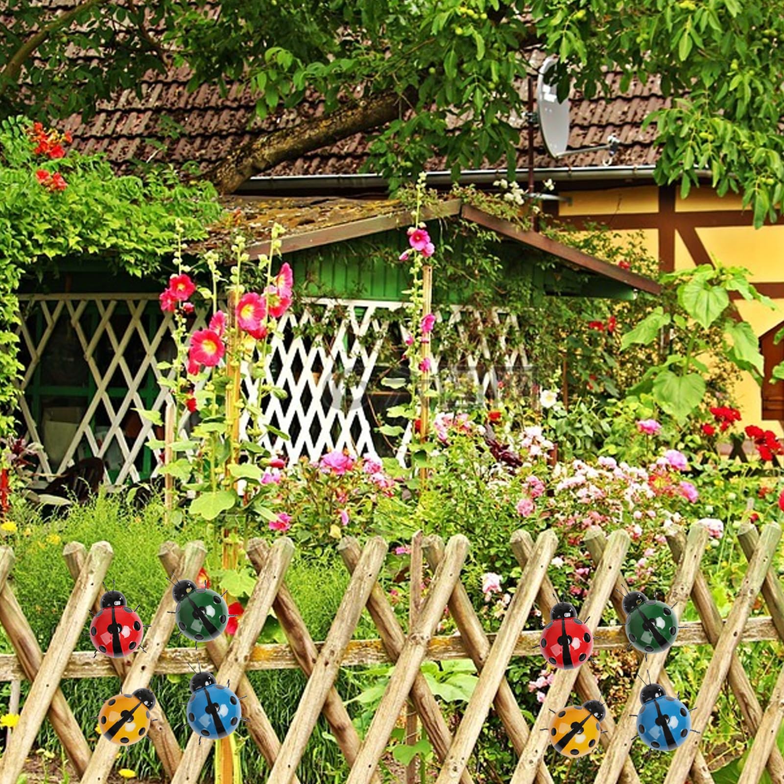 4 piezas de decoración de mariquita de metal, arte de pared al aire libre, esculturas de jardín, decoración del hogar para valla de jardín, interior o exterior