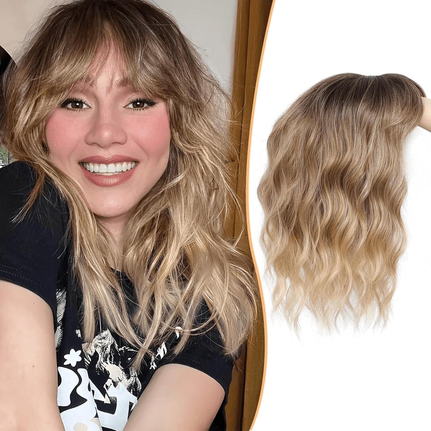 MARJORIE Hair Toppers 14inch Mixed Brown to Blonde with Dark Root Wavy Toppers for Women with Thinning Synthetic Wiglets with Bangs Clip in Hair