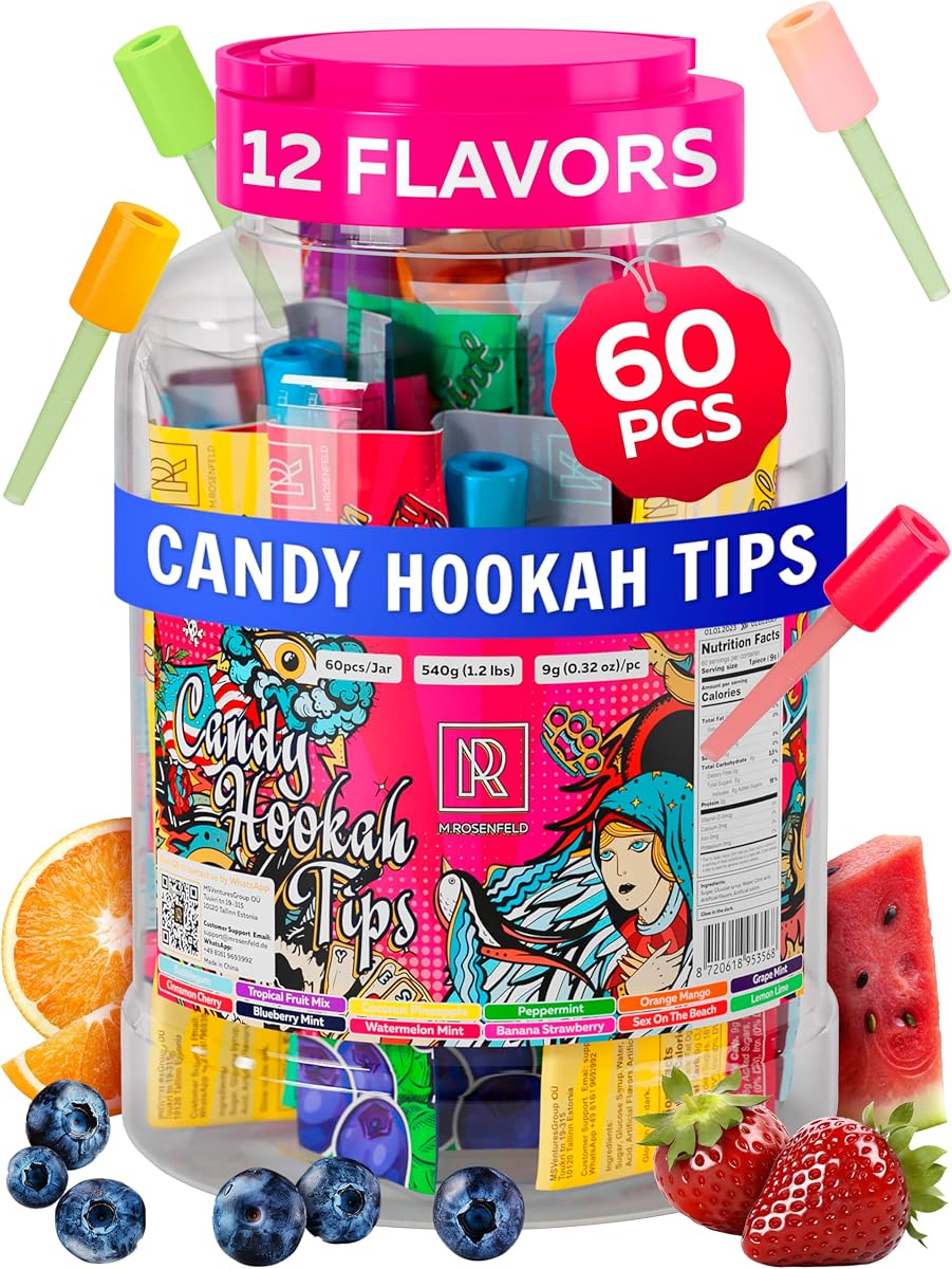 M. ROSENFELD Puntas para pipa de agua Candy - 60 piezas de puntas alegres que brillan en la oscuridad - Puntas para pipa de agua envueltas individualmente Accesorios para piruleta Shisha - 5 x 12 diferentes puntas de caramelo para pipa de agua Sabores deliciosos - Puntas para pipa de agua