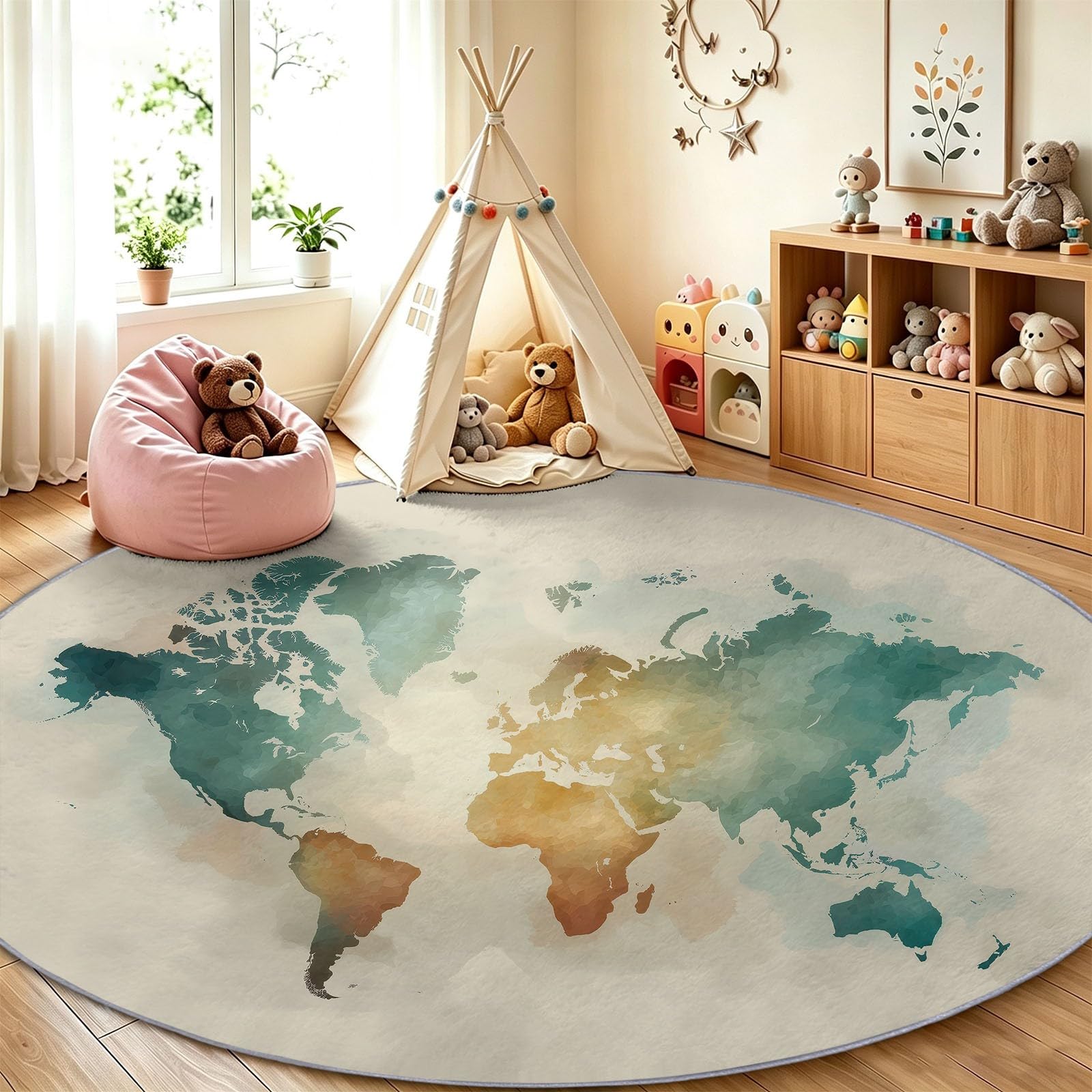 Tappeto rotondo vintage nautico, 60 cm, lavabile, antiscivolo, morbido, per camera da letto, letto, mappa del mondo, continente, per ingresso, cucina, lavanderia, bagno, beige