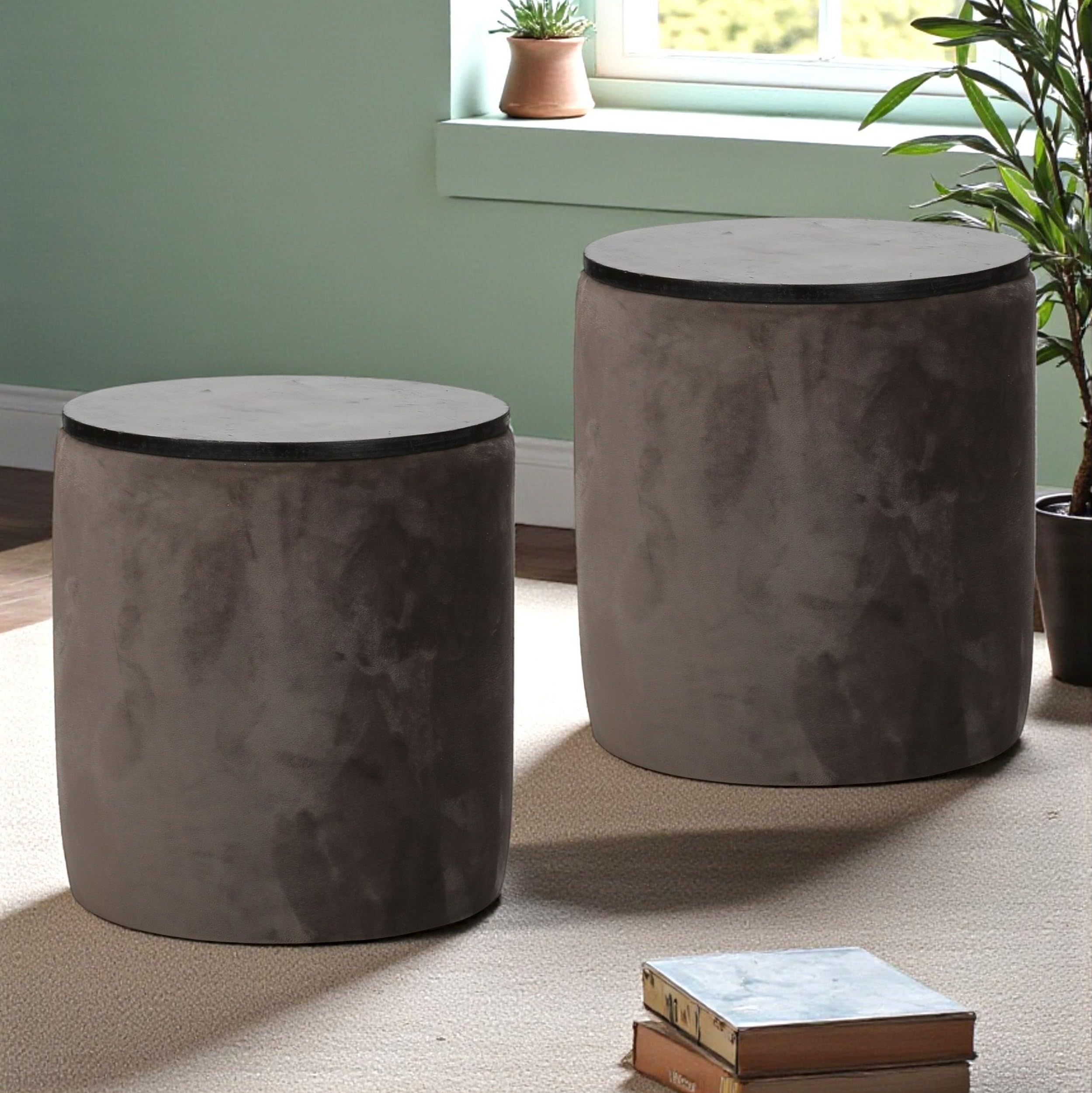 Ikiriya Wayne Solid Wood Accent Round Set of 2 Ottoman/Pouffee/Pouf Stool/Stool in Taupe Brown Velvet Upholstery for Living Room | Drawing Room | Bedroom | Hallway | Balcony | Home|Dining Room-image-31