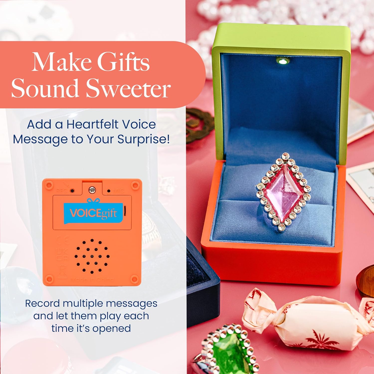 VOICEGIFT Ring Box Recordable Ring Box with LED Light, 60-Second Voice Recorder, Velvet Jewelry Gift Box for Proposal, Engagement, and Keepsake | Salmon & Lime