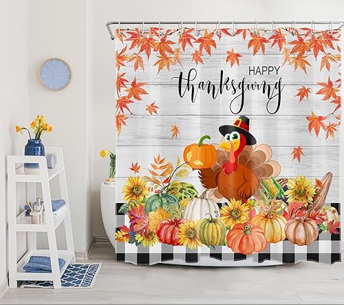 Miniatura 10 de LB Thanksgiving Turkey Shower Curtain for Bathroom,Autumn Harvest Pumpkin Sunflower Floral and Maple Leaf Fabric Shower Curtain with Hooks,Farmhouse