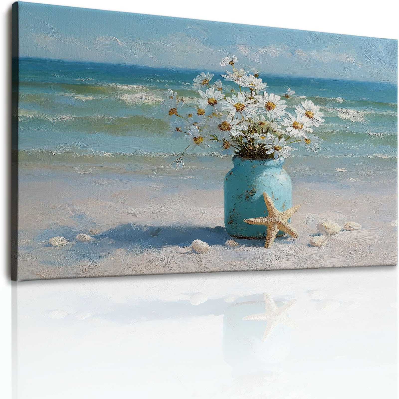Cuadro sobre lienzo, 100 x 50 cm, para dormitorio, cuarto de baño, decoración de pared, salón, jarrón, flores, margaritas, vintage, costera, playa, póster sin marco, multicolor