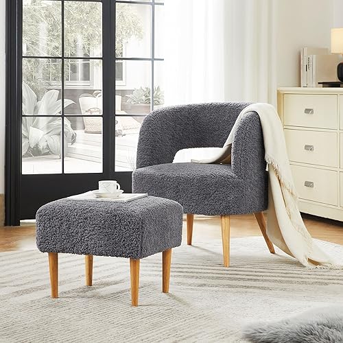 Miniatura 6 de Retraction Built Silla decorativa con sillón otomano tapizado de vellón de peluche de mediados de siglo, sillas modernas y cómodas con patas de
