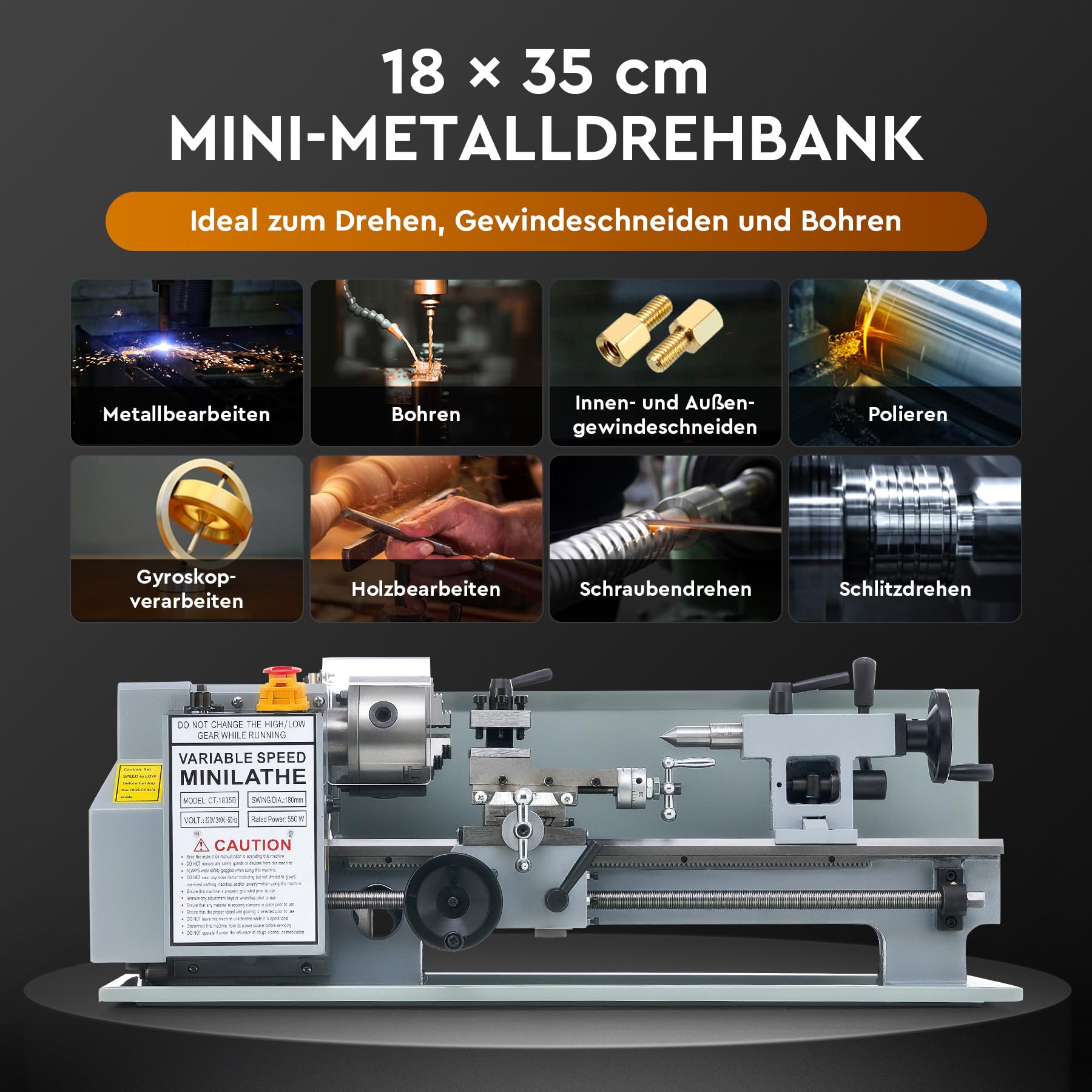 CREWORKS Drehmaschine 550W Metalldrehmaschine 7 x 14 Zoll Tischdrehmaschine 180x350MM Drehbank Metall 2250 RPM Mini Drehmaschine für Metallbearbeitung Metal Lathe (7 x 14 Zoll Hellgrau)
