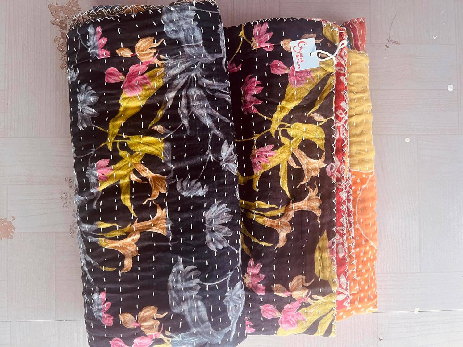 5 Piece Set Handmade Indian Vintage Kantha Quilts Reversible Bohemian Home Decor Blanket Bed Sheet Quilt for Sale – Assorted Color Twin Size 85X55 Inches