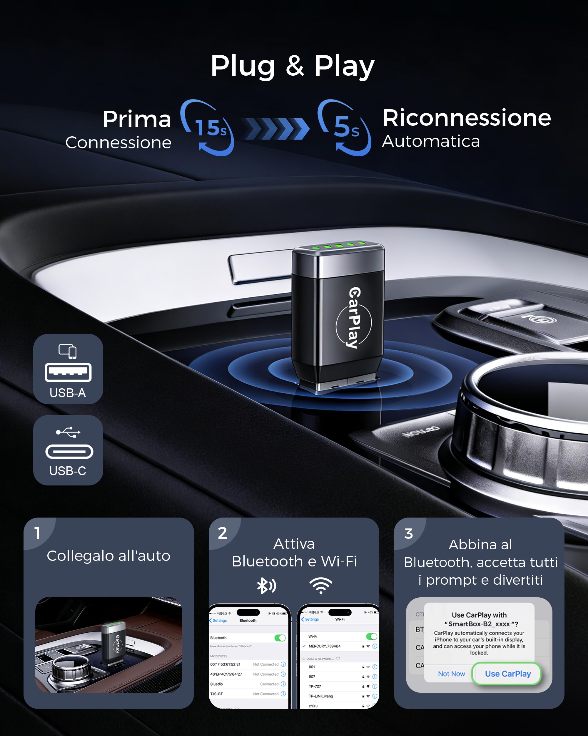 【2026 Aggiornata】Mini Adattatore CarPlay Wireless, Bluetooth V5.3 Connessione Stabile, Wi-Fi 6 a Doppia Banda ad Alta Velocità, USB C/A, Chiavetta CarPlay per Apple iPhone iOS 10+