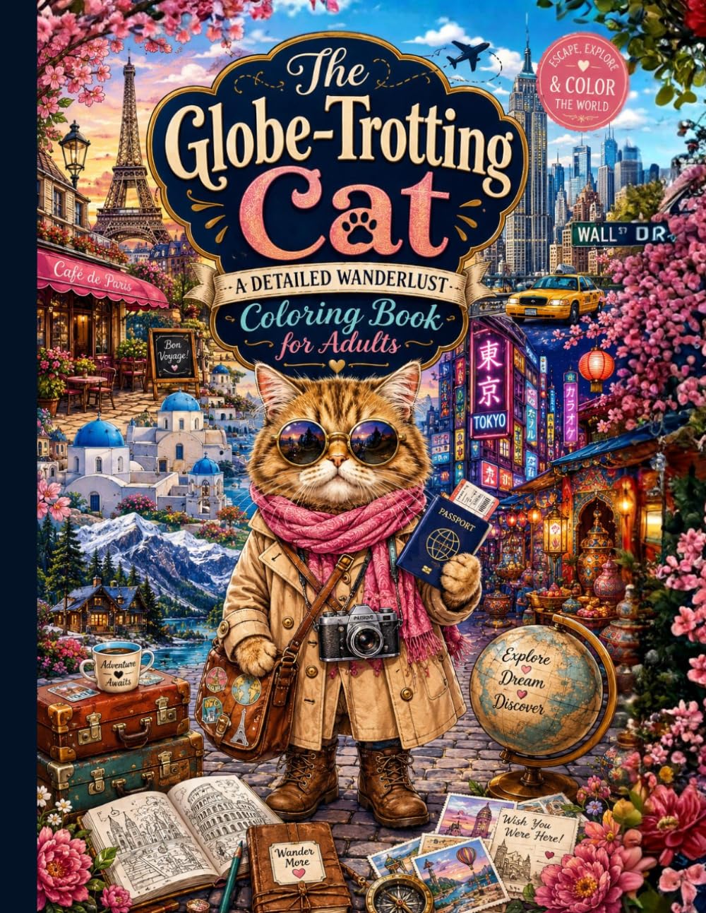 The Globe-Trotting Cat: A Detailed Wanderlust Coloring Book for Adults