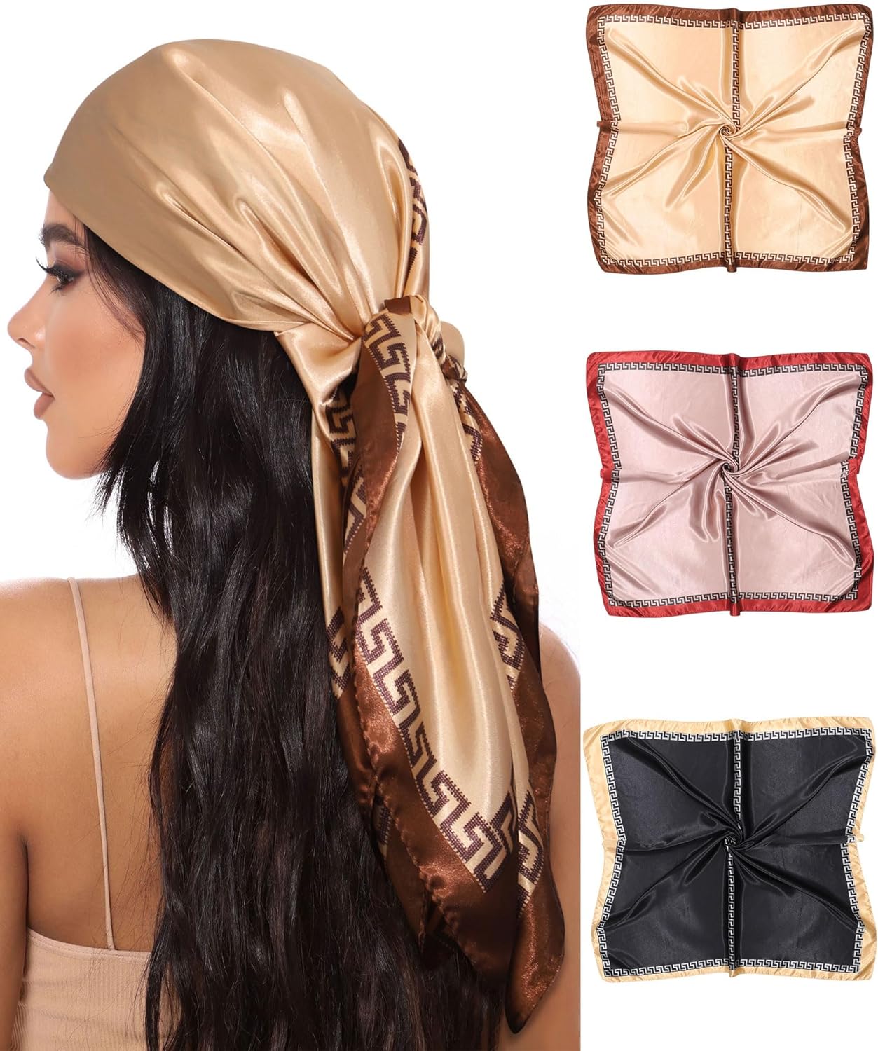 AWAYTR 35” Large Square Satin Head Scarf - 3Pcs Satin Hair Scarves Silk Bandana Scarf Headscarf Silk Feeling Scarf for Women