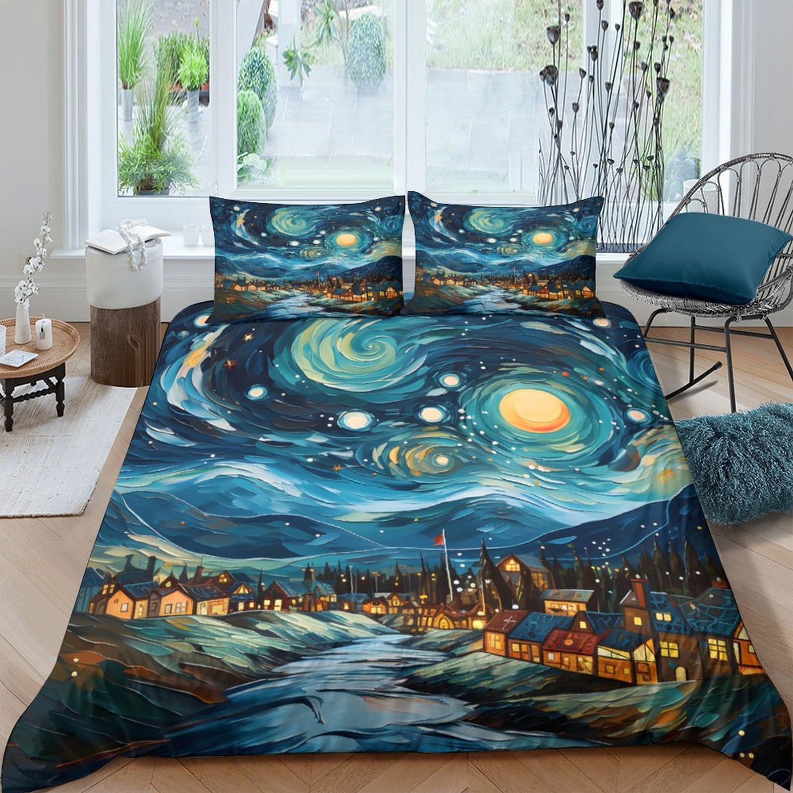 Ctjqhvkz Style-10 3D Printed Starry Night Fitted Sheet Microfiber Soft Blue Artistic Moon Mattress Cover For Bedroom Guest Room Decor Single（135X200cm）