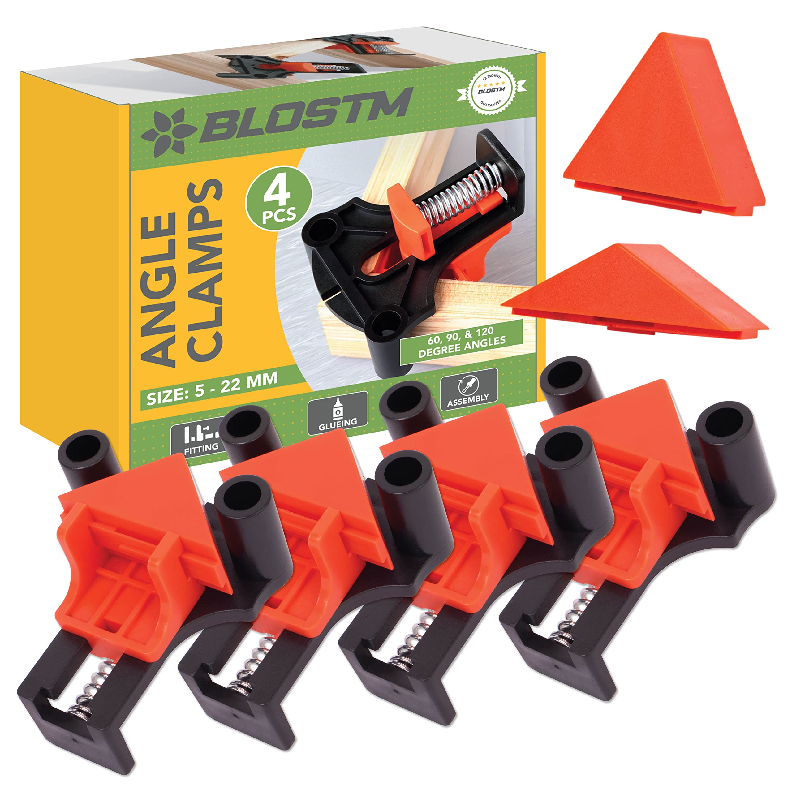 BLOSTM Wood Corner Clamps for Woodwork - 4pcs to Adjust to 60, 90, & 120 Multi-Angle Fix Clamp for Woodworking, Drilling, Gluing and Cabinet Making - 4PCS Angle Clamps for Wood Set
