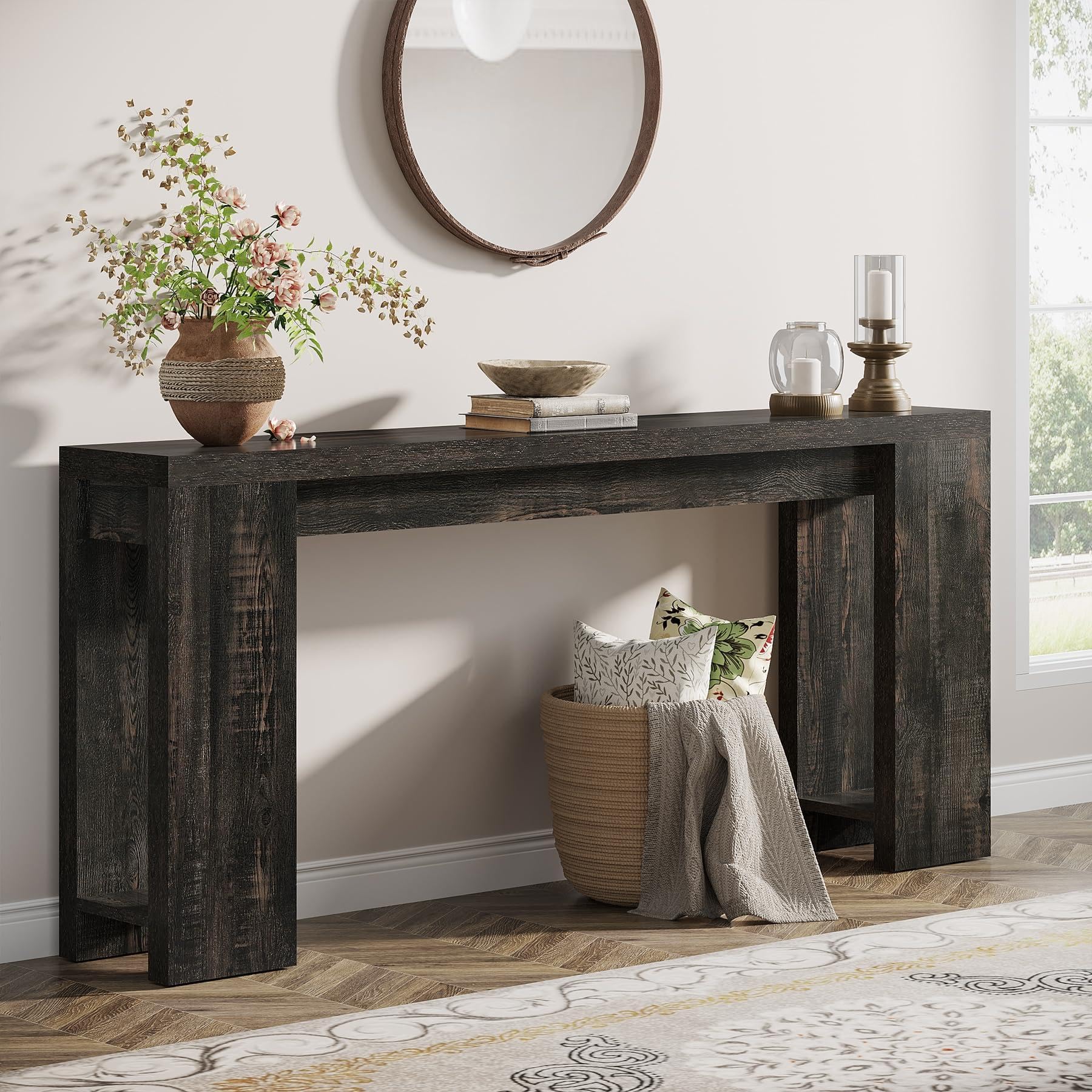 Tribesigns 63-Inch Extra Long Console Table, Farmhouse Wood Sofa Table Behind Couch, Narrow Entryway Accent Table for Living Room, Hallway, Entrance, Foyer, Black