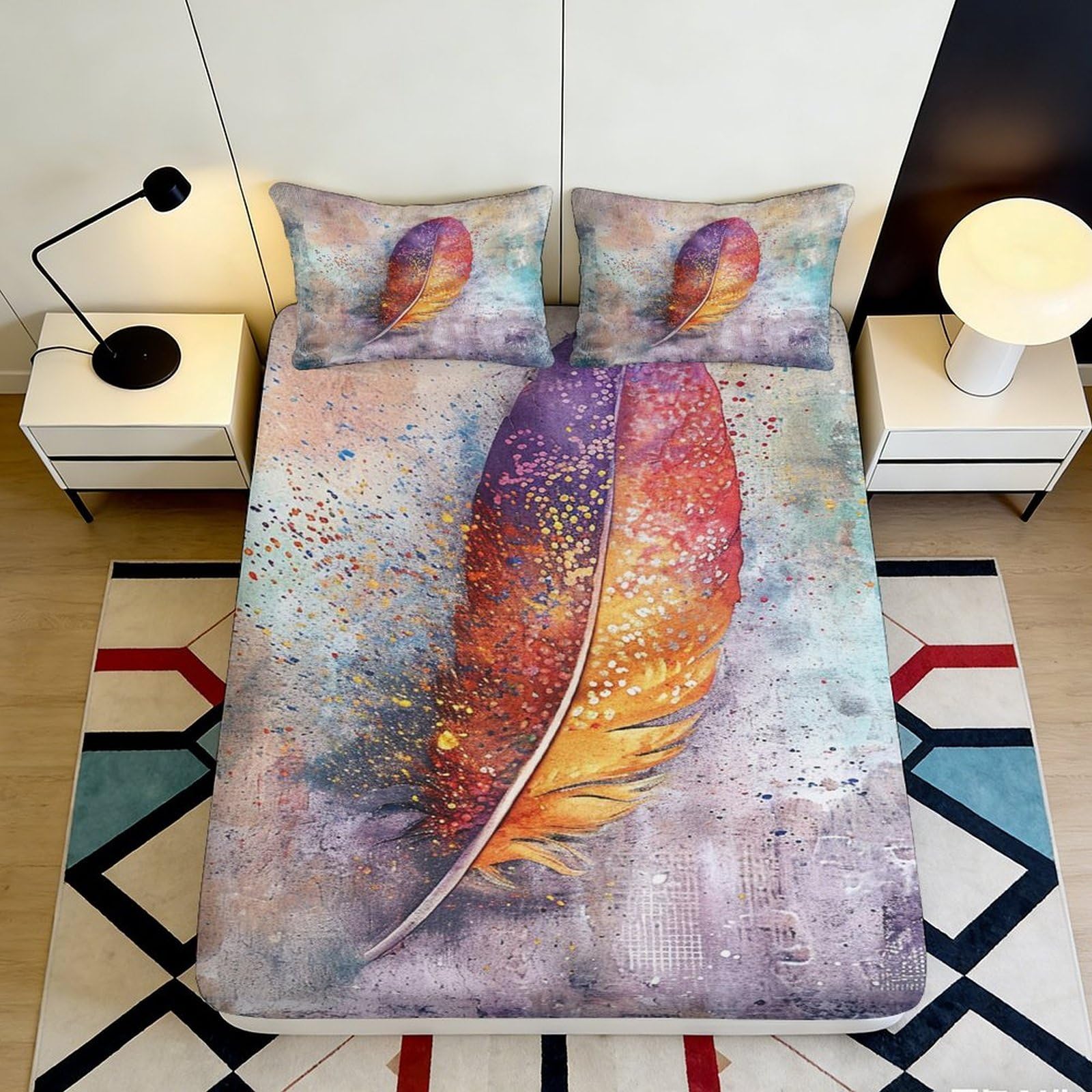 3D Printed Watercolor Feather Fitted Sheet Microfiber Soft Anti-Slip Artistic Bed Cover for Bedroom Guest Room Decor 90x200x25cm