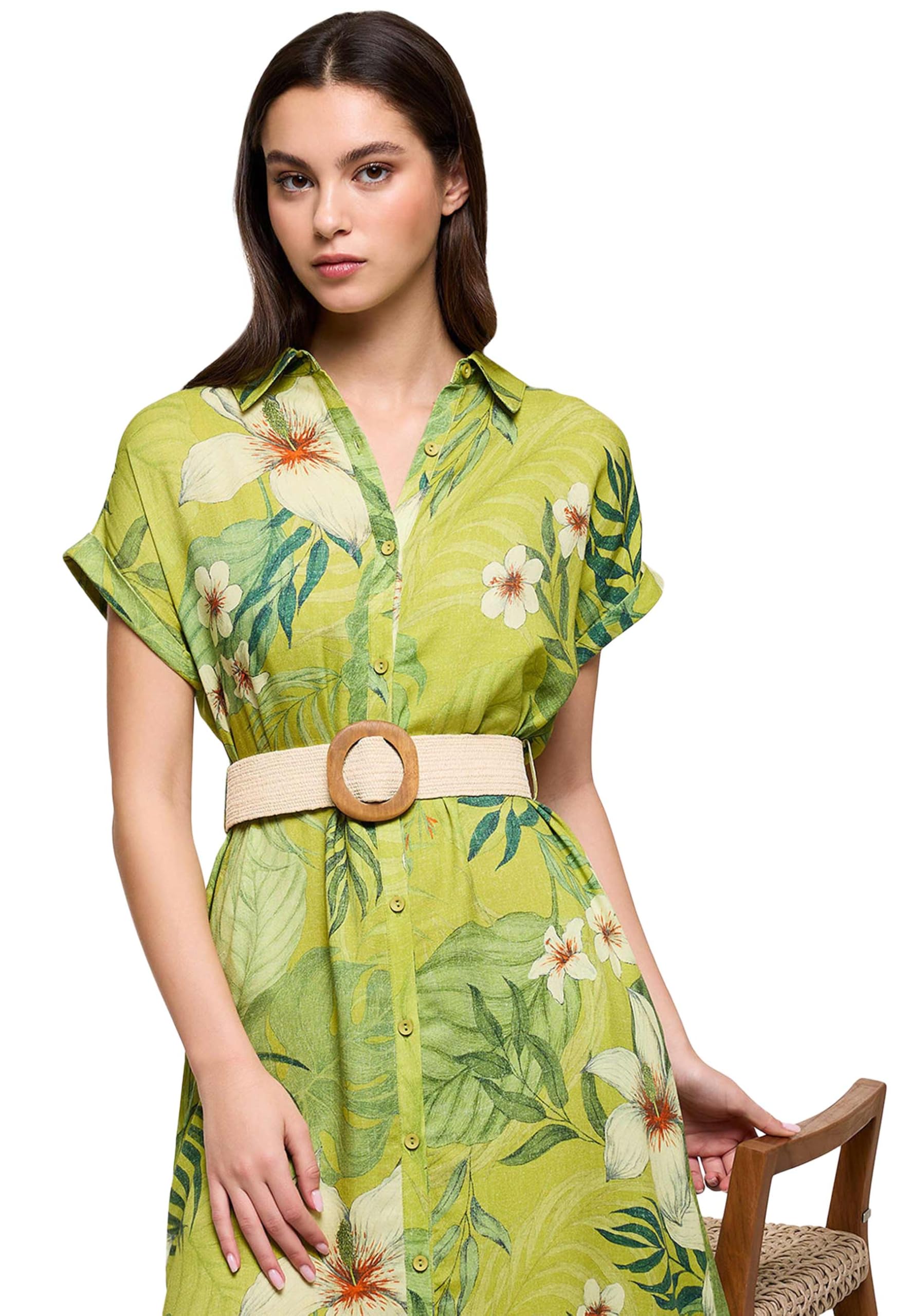 KOALA BAY | Bilimos | Vestido Mujer Verde Estampado Tropical | Vestido Camisero Largo Cinturón | Manga Corta Verano Elegante | Look Casual Vacaciones