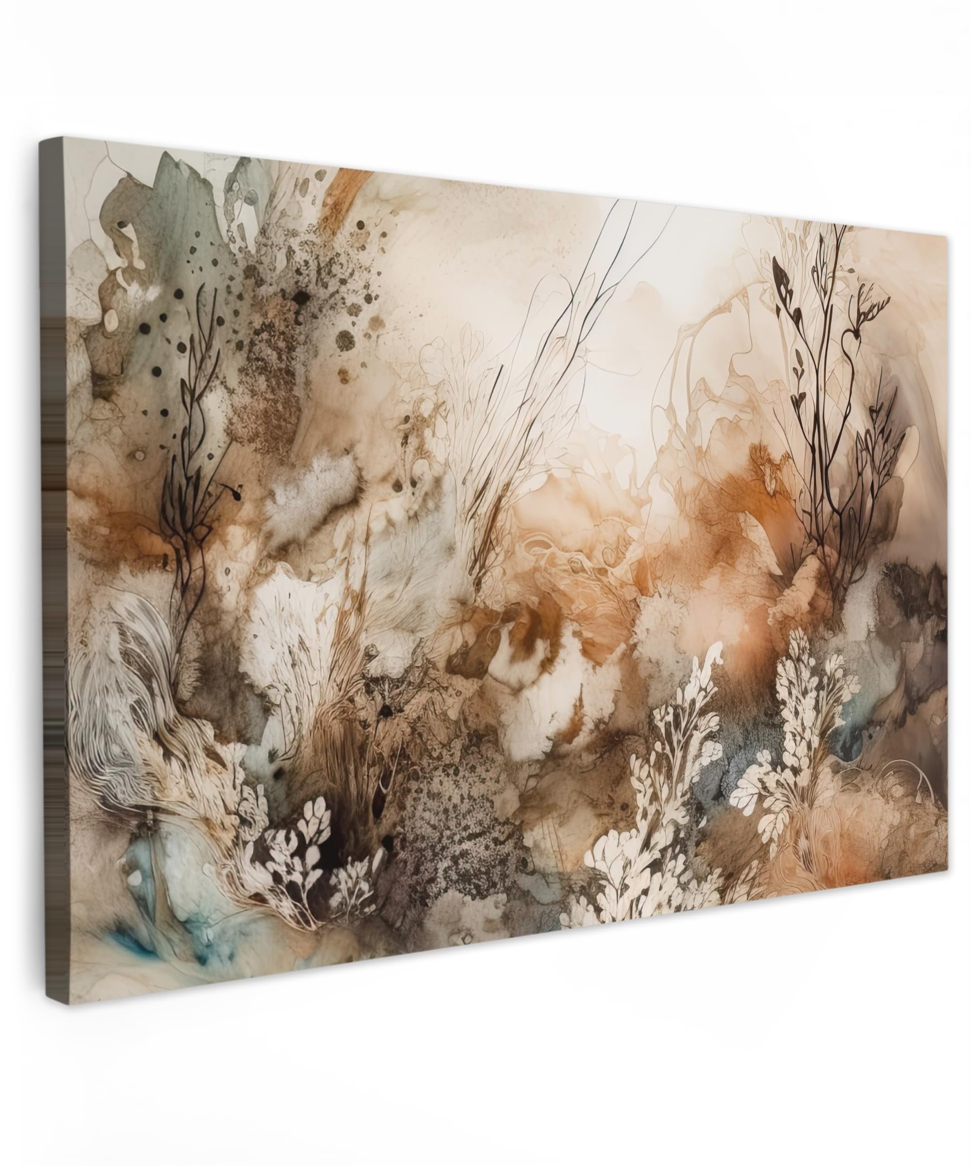 MuchoWow© Canvas Wall Art 35"x24" / 90x60 cm Decor Paintings Prints framed on Canvas Decorations Wallart Abstract - Beige - Paint - Art - Nature - Flowers
