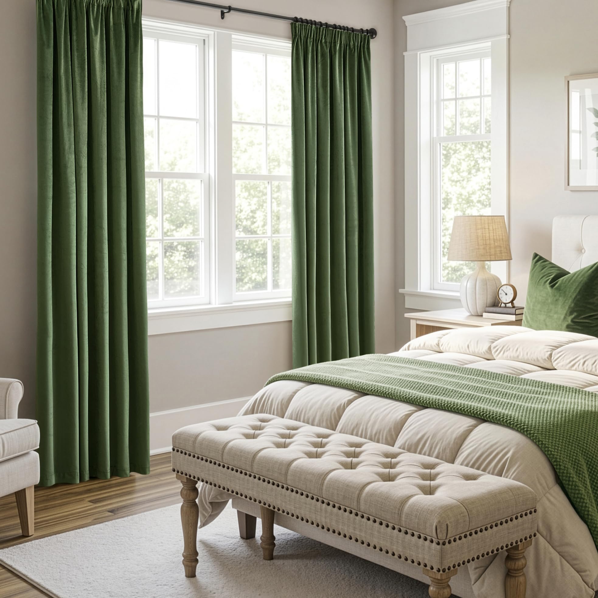 Woaboy Cortinas de Terciopelo con Cinta Fruncida, Juego de 2 Unidades,140 x 300 cm, Bonito Grosor y Pesado, para salón, Dormitorio, decoración, Cortinas Opacas, Verde