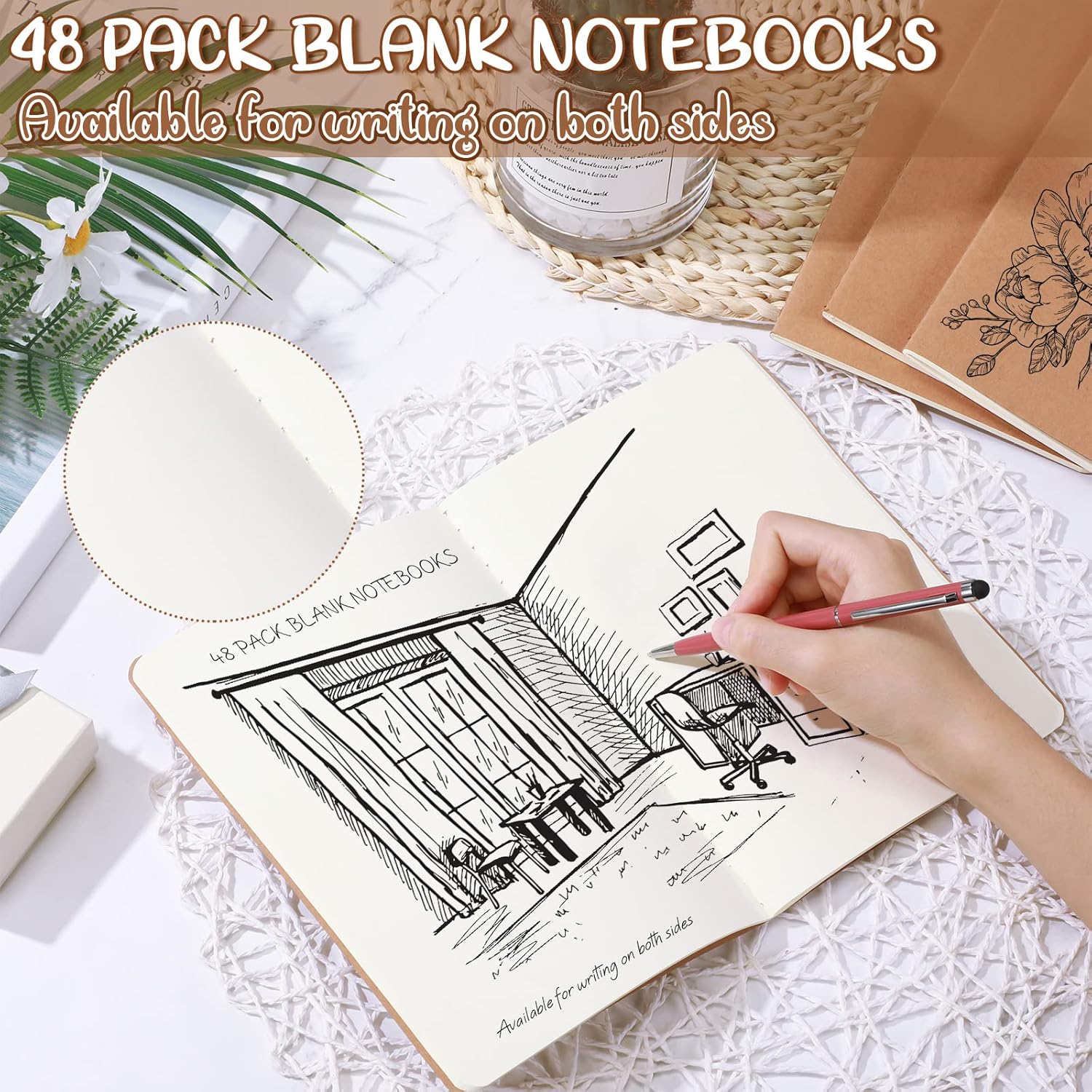 Epakh 48 Pcs A5 Back to School Kraft Paper Notebooks Bulk Blank Lined Optional Sketchbook Travel Journal for Office Students School Classroom Writing Work Drawing Writing (Blank)