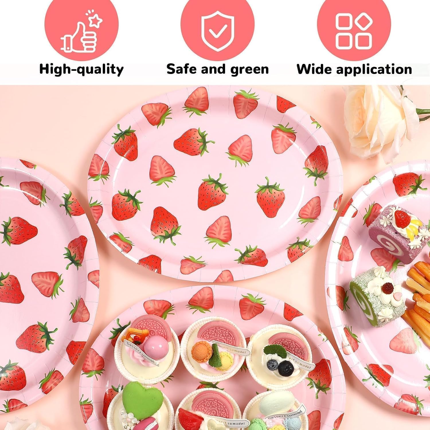 Qyeahkj 50 PCS Strawberry Oval Paper Plates Large 11” Disposable Strawberry Party Decorations Berry Sweet Supplies Favor for Birthday Summer Fruit Party Baby Shower Tableware Set