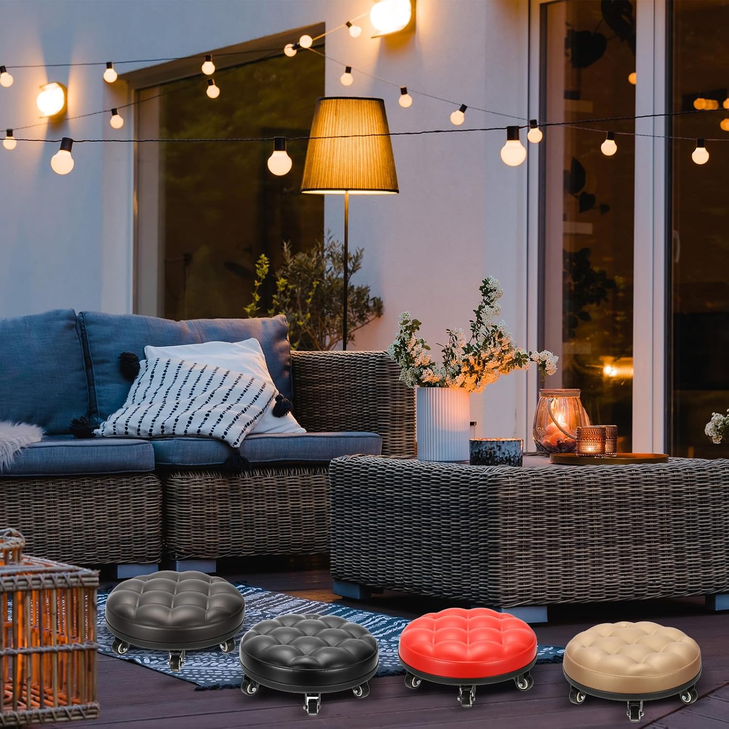 PATIKIL Low Roller Seat Wheel Stool Chair PU Leather Short Low Rolling Stool with Universal Wheel for Home Office Fitness (Gold), 5.1" Height