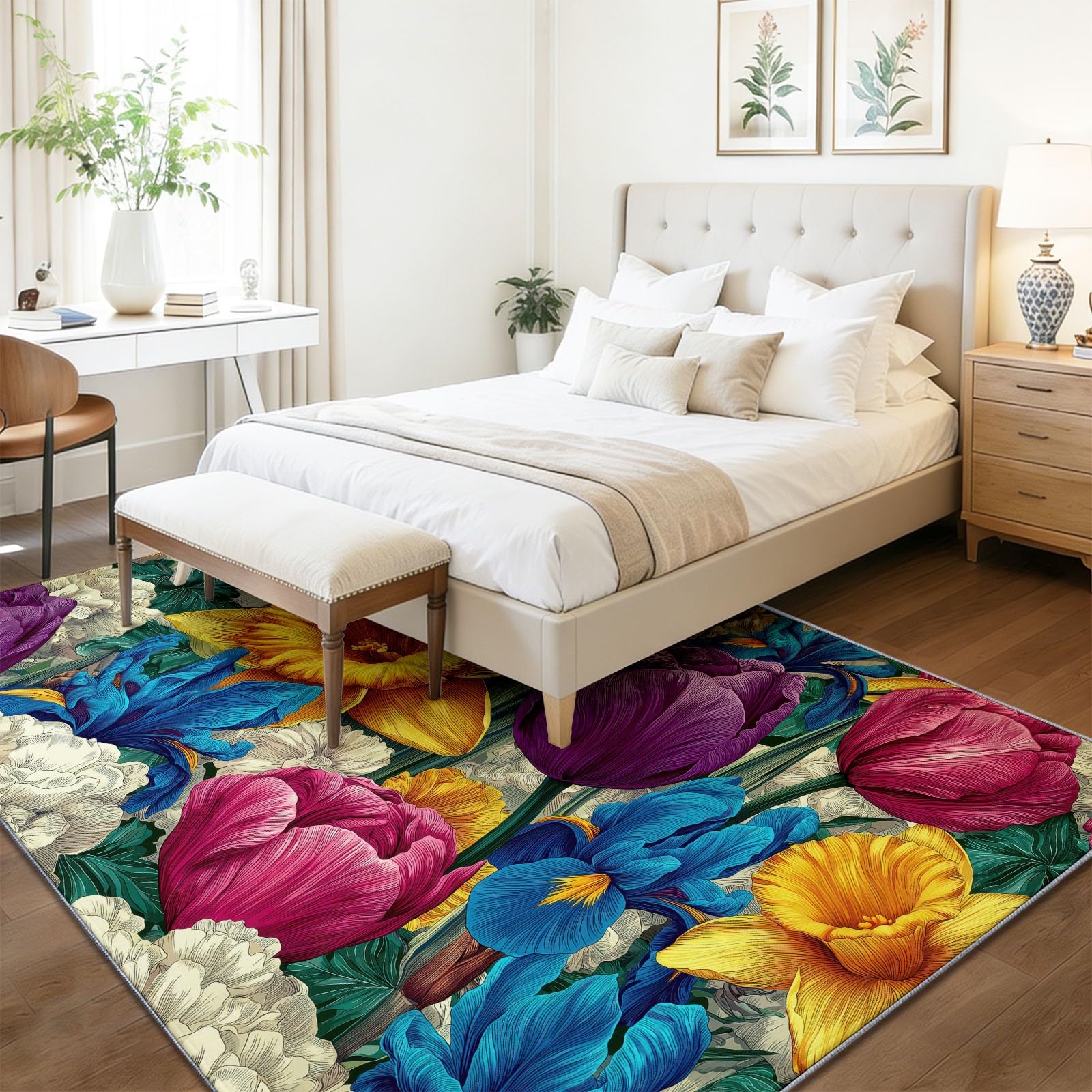 Dywan do salonu 80 x 150 cm, fabryczny dywan z krótkim włosiem, zmywalny i antypoślizgowy, odporny na plamy do salonu, sypialni, biura, żółte tulipany Irys