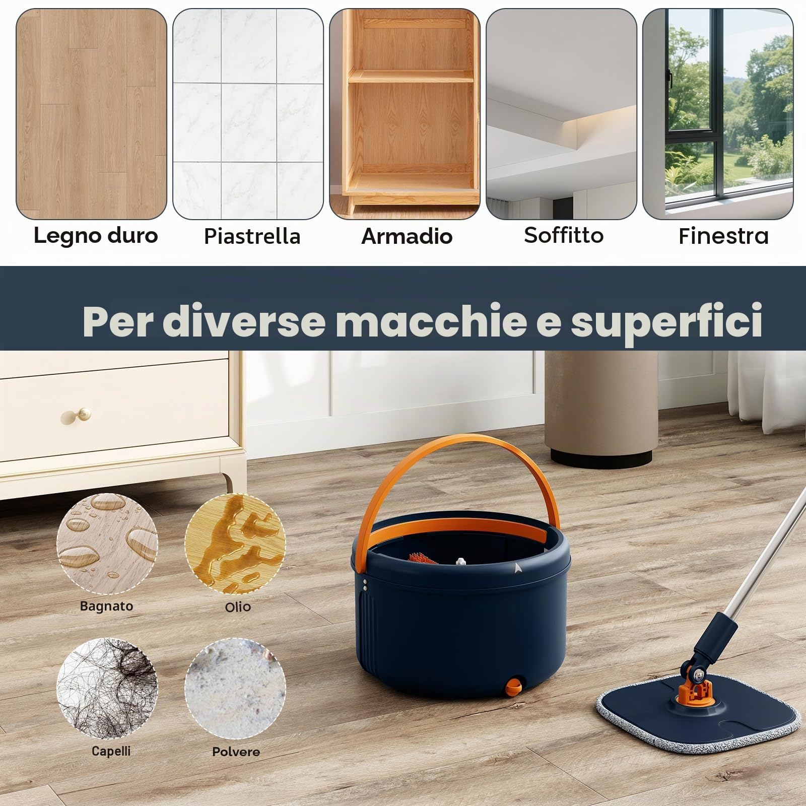 LIFEZEAL 2 Moci, Mop, Mocio Lavapavimento Professionale Rotante, 9 Panni, Strizzatore, Doppio Secchio, Filtro, Scarico, Lunghezza Regolabile, Separazione di Acqua, Leggero, per Diverse Superfici, Blu