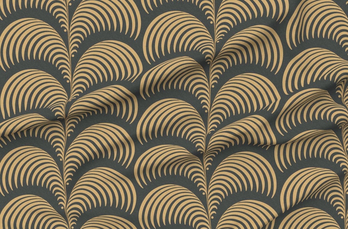 Spoonflower Fabric - Art Deco Palm Bold Graphic Sand Gold Charcoal Plume Frond 1920S Glam Printed on Petal Cotton Fabric Fat Quarter - Sewing Quilting Apparel Crafts Decor