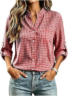 Generic Womens Shirts Casual Band Collar Roll Tab Plaid Shirt