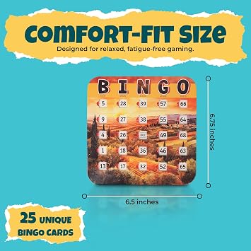 GSM Brands Bingo Cards Set - 25 Disposable Blue Cards with Red Sliders, Easy to Use, Large Numbers, No Duplicates