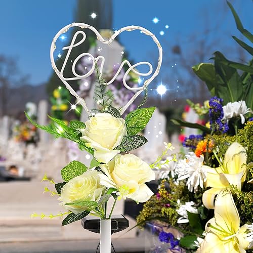 Miniatura 2 de Joyathome Luces solares de 16 pulgadas con 3 flores artificiales, arte de jardín de metal para patio, césped, jardín, decoración solar al aire libre